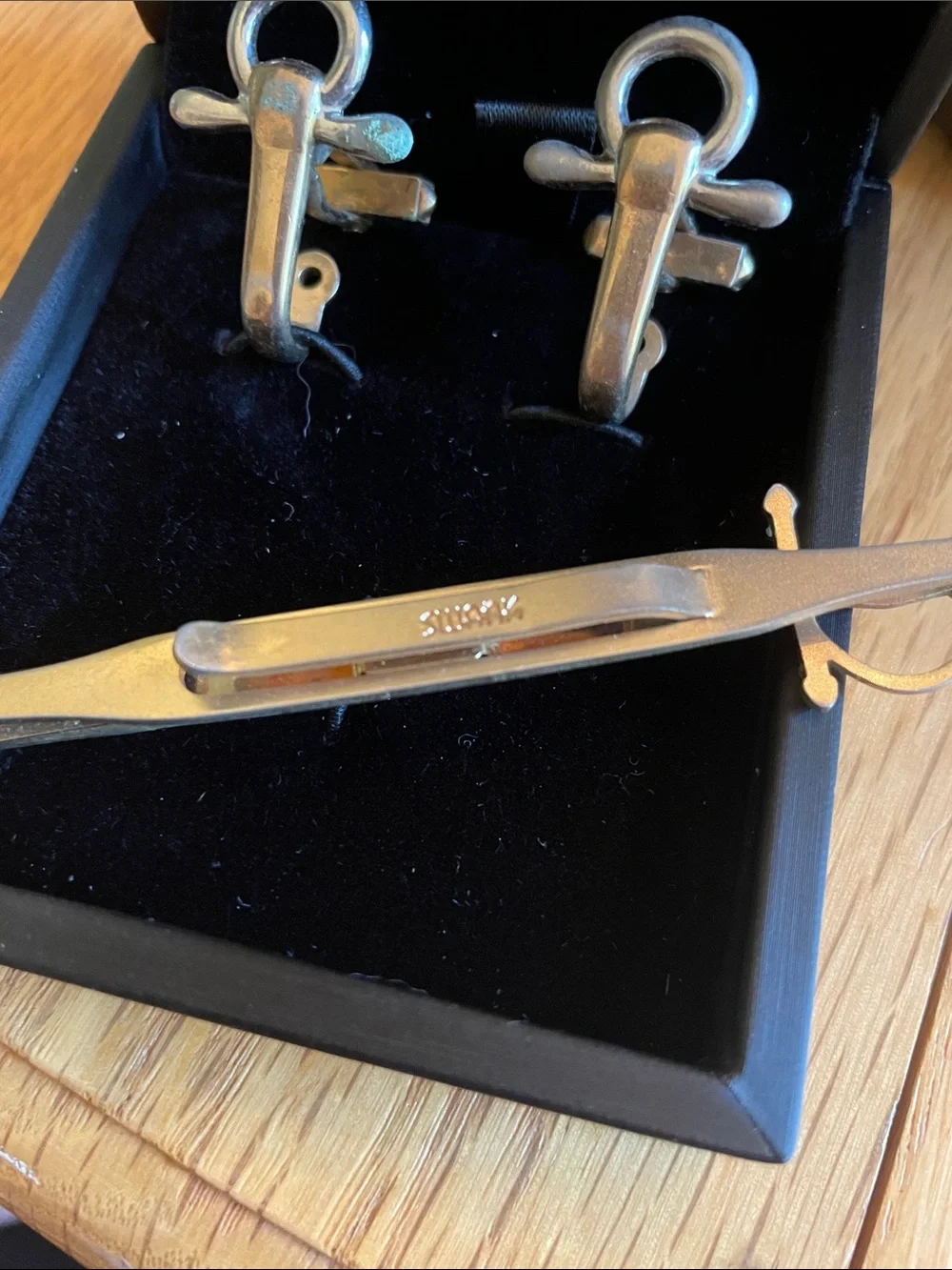 Swank Silver Sword Tie Bar and Anchor Cufflinks Set